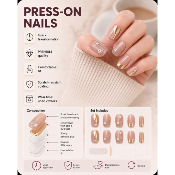 Nude Square Press‑On Nails, Luxury False Nails With Gold Wavy Lines & Rhinestone Flower Charms